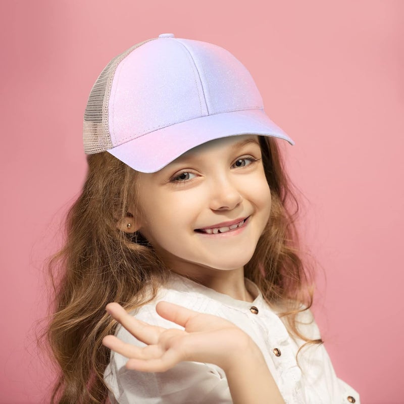 BROMZ Girls Glitter Baseball Cap Kids Ponytail Hat Adjustable Summer Mesh Trucker Hats for 4-12 Years - Image 3